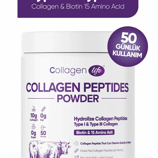 Collagen Life %100 Hidrolize Kolajen Peptitler Biotin Ve 15 Amino Asit İçeren Gıda Takviyesi 50 Günlük